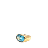 18k Yellow Gold Oval 16 x 12 Blue Topaz Signet Solitaire Ring  13.5 gram Size 5